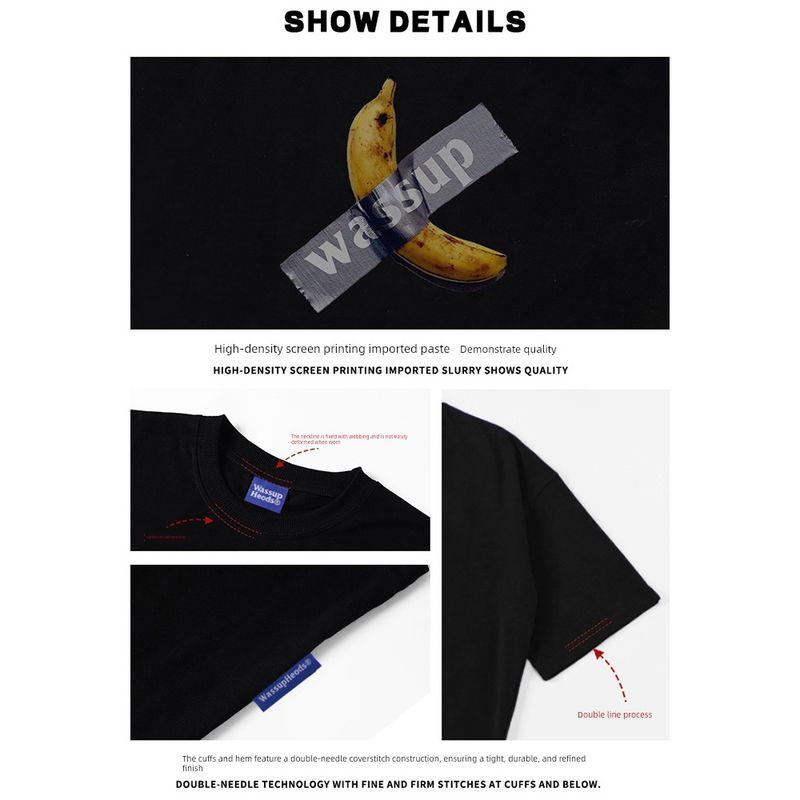 Wassup Heods Banana Sticker Trendy Brand T-Shirt for Men and Women, New Summer Style, Pure Cotton, Versatile Casual Couple Short-Sleeve Shirt