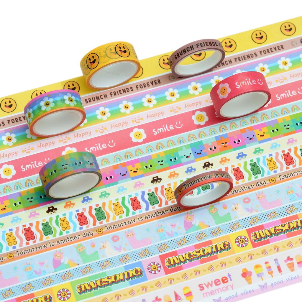 YUBX Masking Tape Cute Cartoon Washi Paper Bright Perfect for DIY Gift and 16-Piece Set Patterns, Tape, Colors, Crafts, Journals, Planners,
