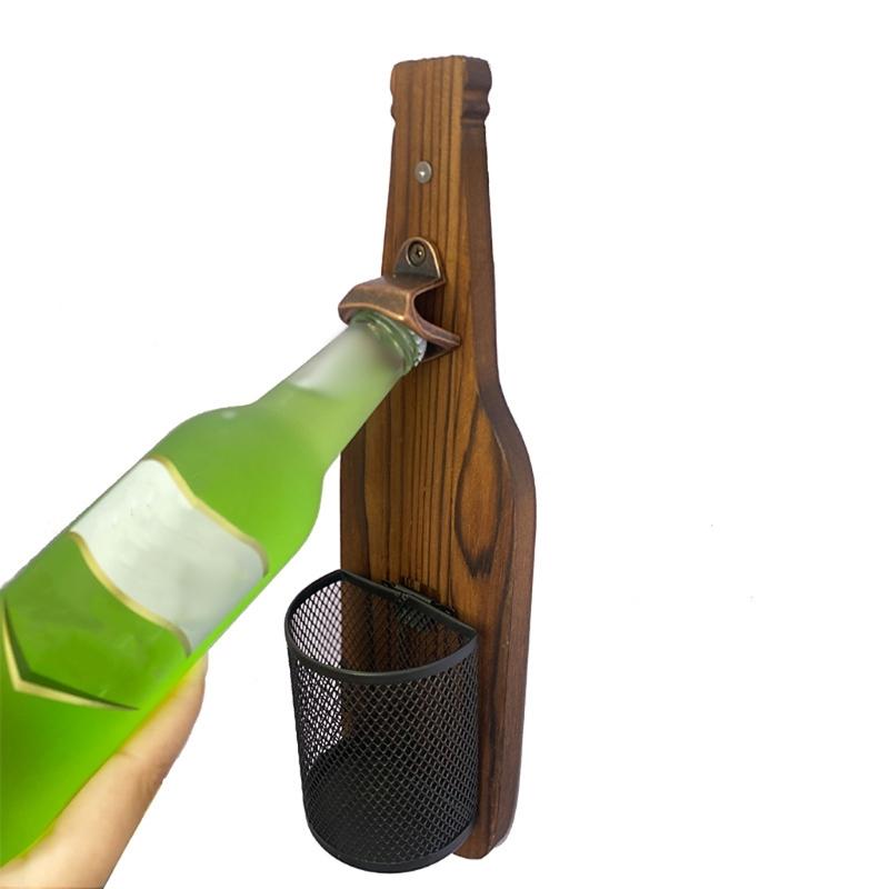 Wandmontierter Holz-Bierflaschenöffner mit integriertem Kapselheber und Flaschenverschlussentferner für Küche und Außenbereich