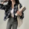 Korean Chic Autumn Short Long Sleeved Checkered Shirt for Women