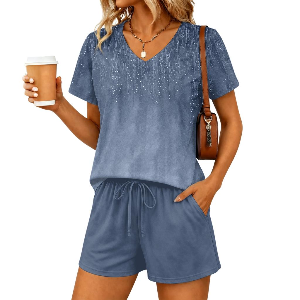 Women Two Piece Set V Neck Short Sleeve Top with Floral Print and Elastic Waist Drawstring Shorts Casual Lounge Wear