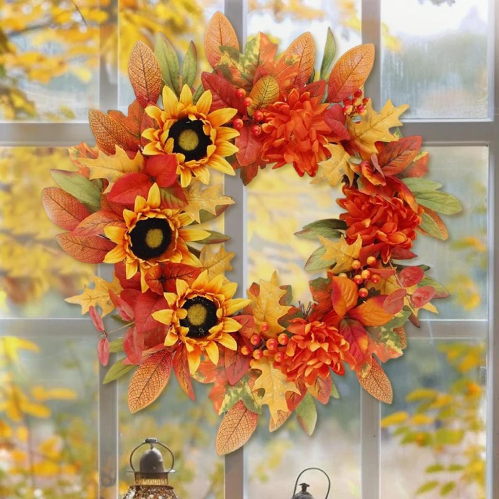 Herbstkranz Erntegirlande Künstlicher Kranz Mit Ahornblättern Orange Rote Beeren Und Sonnenblumen Für Herbst Bauernhaus Außen