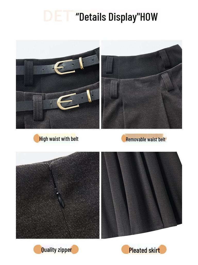 Women's High-Waist Wool Pleated A-Line Skirt - Autumn/Winter Mid-Length Swing Skirt