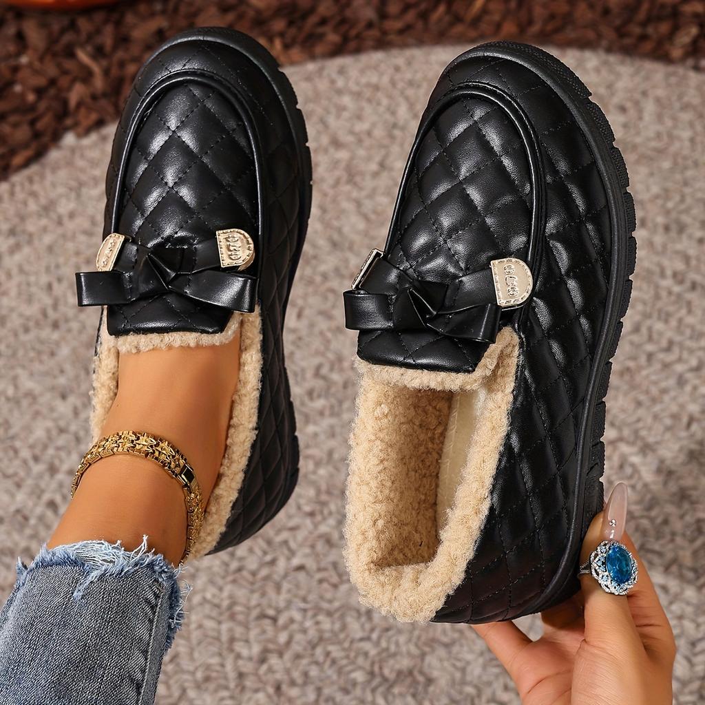Mocassins d'hiver thermiques pour femmes de type couverture en fausse matière synthétique, à bout Pasley, semelle en PVC antidérapante, bottes thermiques avec sangle à boucle dorée et système de laçage