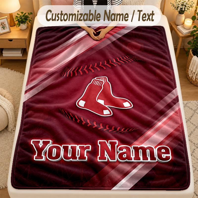 Flannel BlanketBoston Red Sox Custom Name Text Personalized Soft Warm Throw Blanket Home Decor Gift