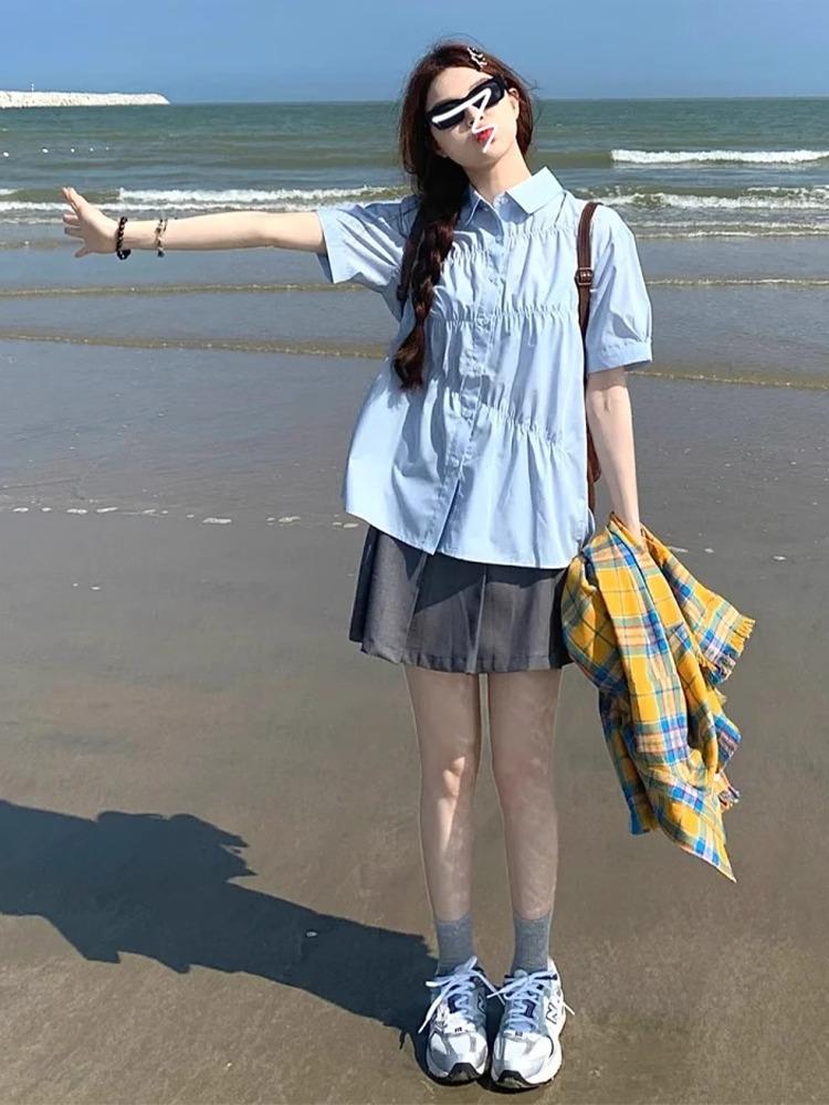 College Style Blue Short-sleeved Shirt Women's Summer New Korean Sweet Loose Shirt Pleated Top