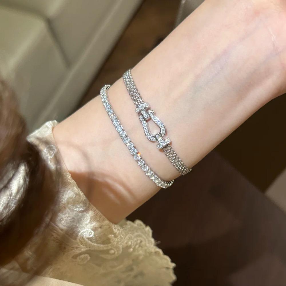 

Vintage Italian Milanese Bracelet with Diamond Accents and Horseshoe Clasp Elegant Ribbon Wristband for Women