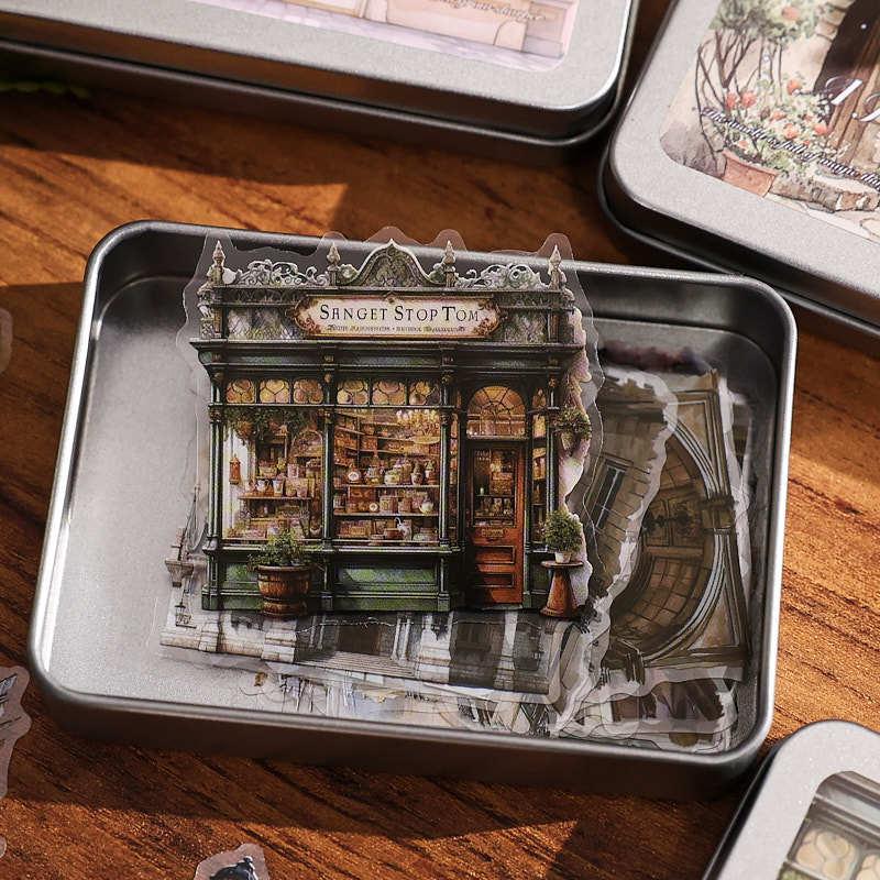 1box/50Pcs Travel Themed Stickers for Tin Box Retro Landscape for Journal Album DIY Crafts