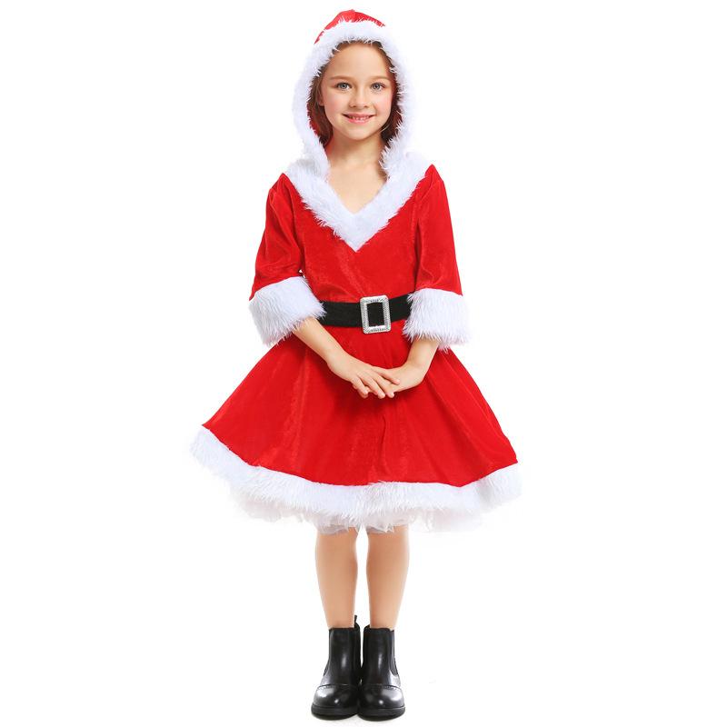 Kids Girls Santa Claus Xmas Red Hooded Velvet Dress Children Christmas New Year Cosplay Costumes Kindergarten Performance Role Play Outfit