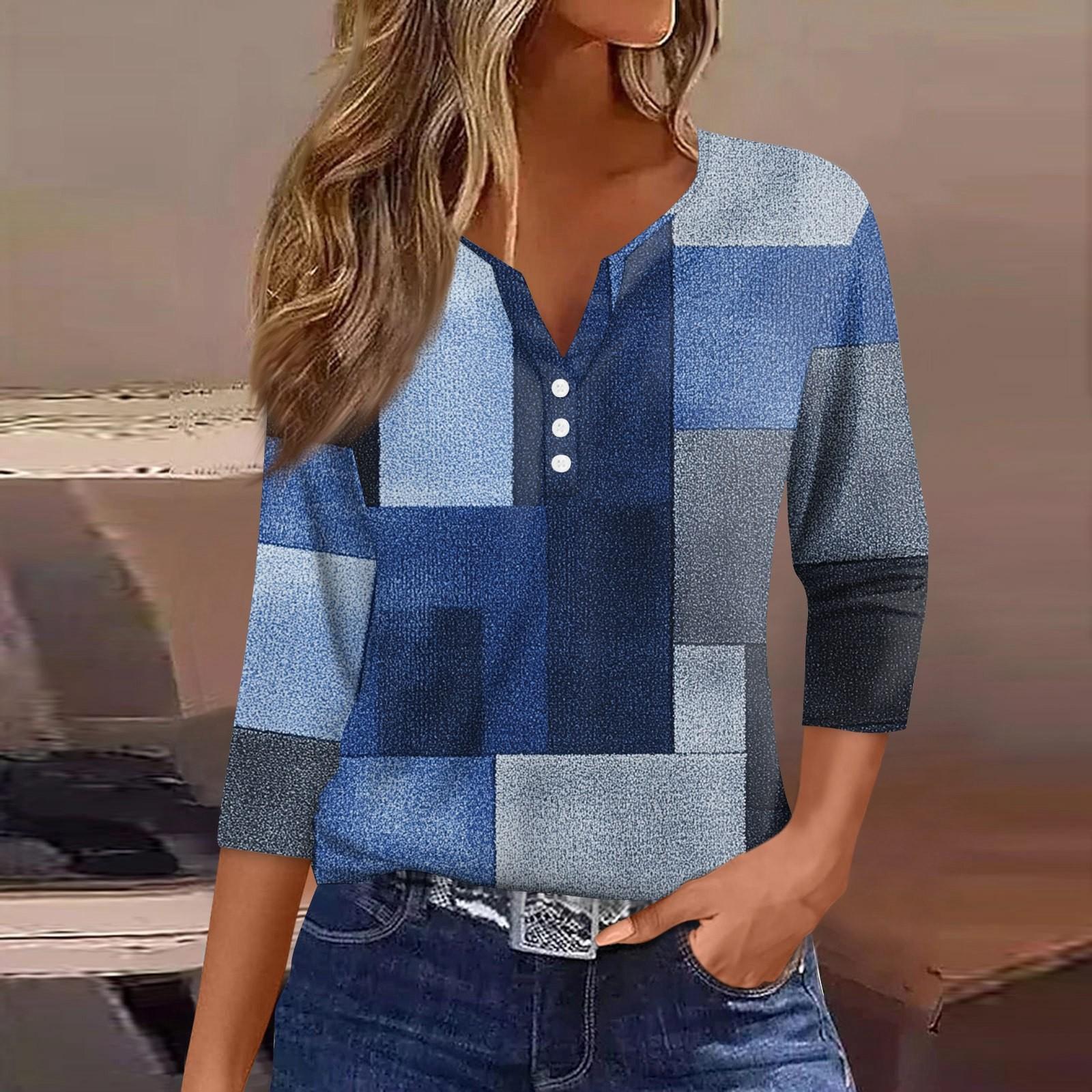 

Women s T Shirt Tee Print Button 3/4 Sleeve Daily Weekend Fashion Basic V- Neck Regular Top L