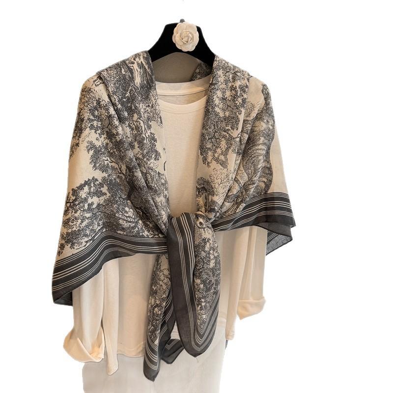 High-End Scarf Square Scarf Female 130 National Style Landscape Painting Italian Spring And Summer Breathable Shawl Scarf With Square Scarf Silk Scarf