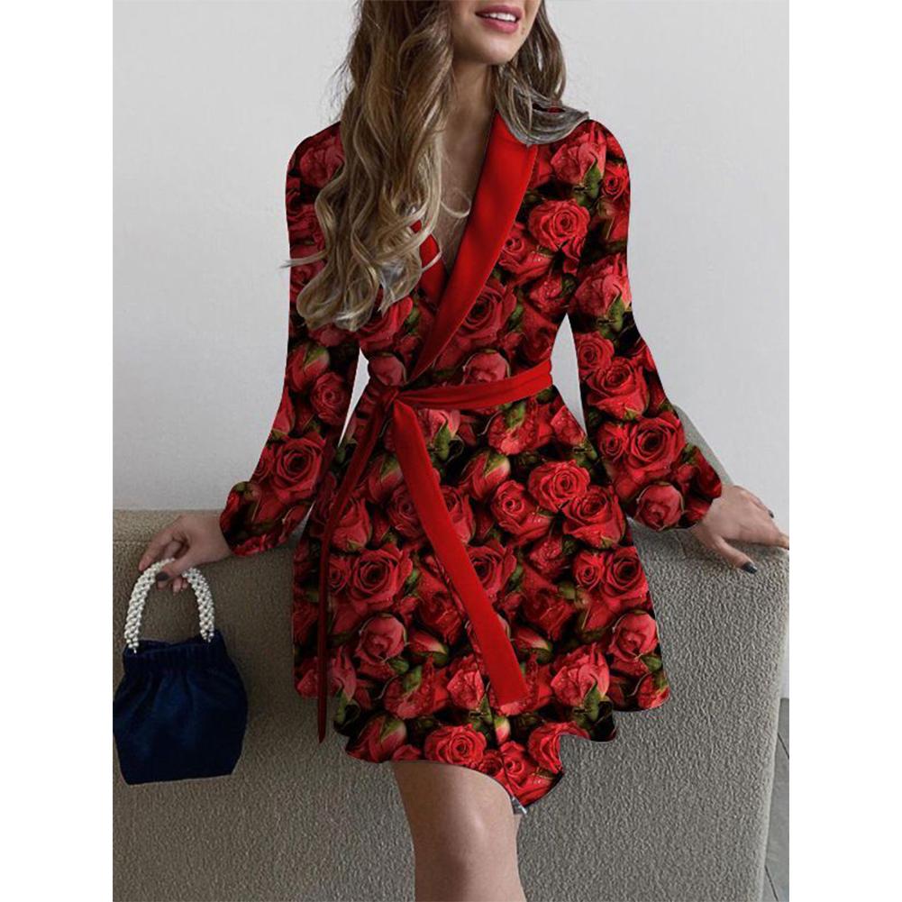 Autumn Women's Rose Floral Printed Lapel Long Sleeve Dresses