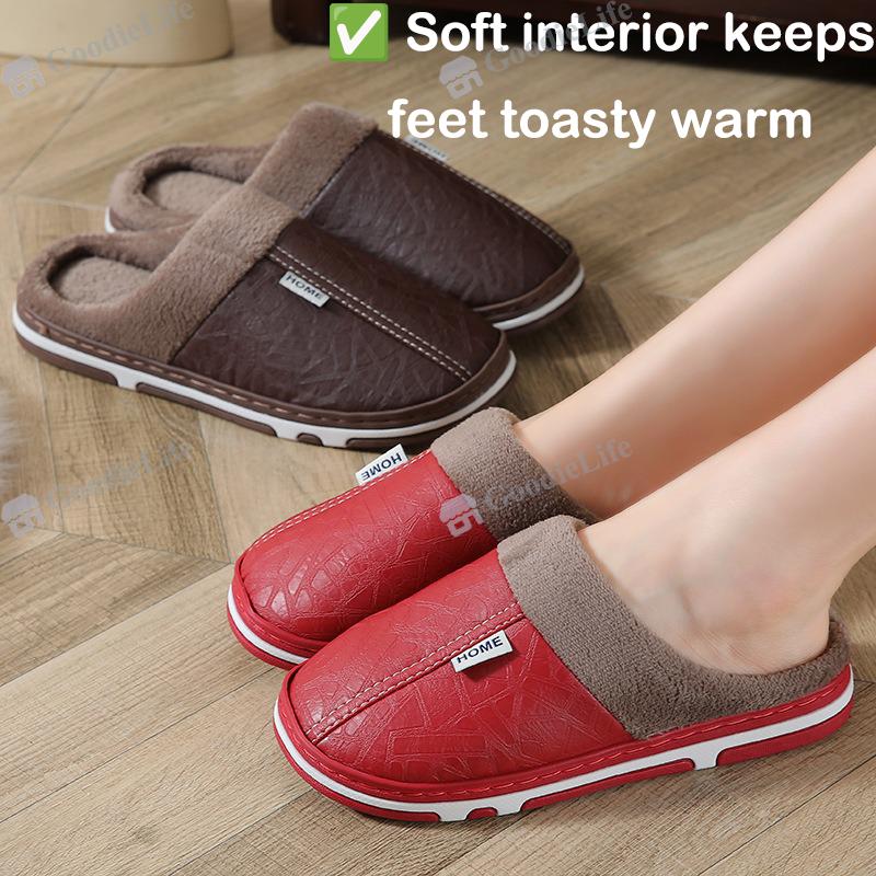 New Winter Couple Slippers  PU Leather Indoor Anti Slip Warm House Shoes