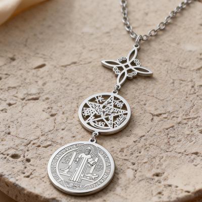 Dreifacher Schutz Halskette Mit Hexenknoten Pentagramm Tetragrammaton St. Benedikt Edelstahl Spirituelles Symbol Amulett Schmuck
