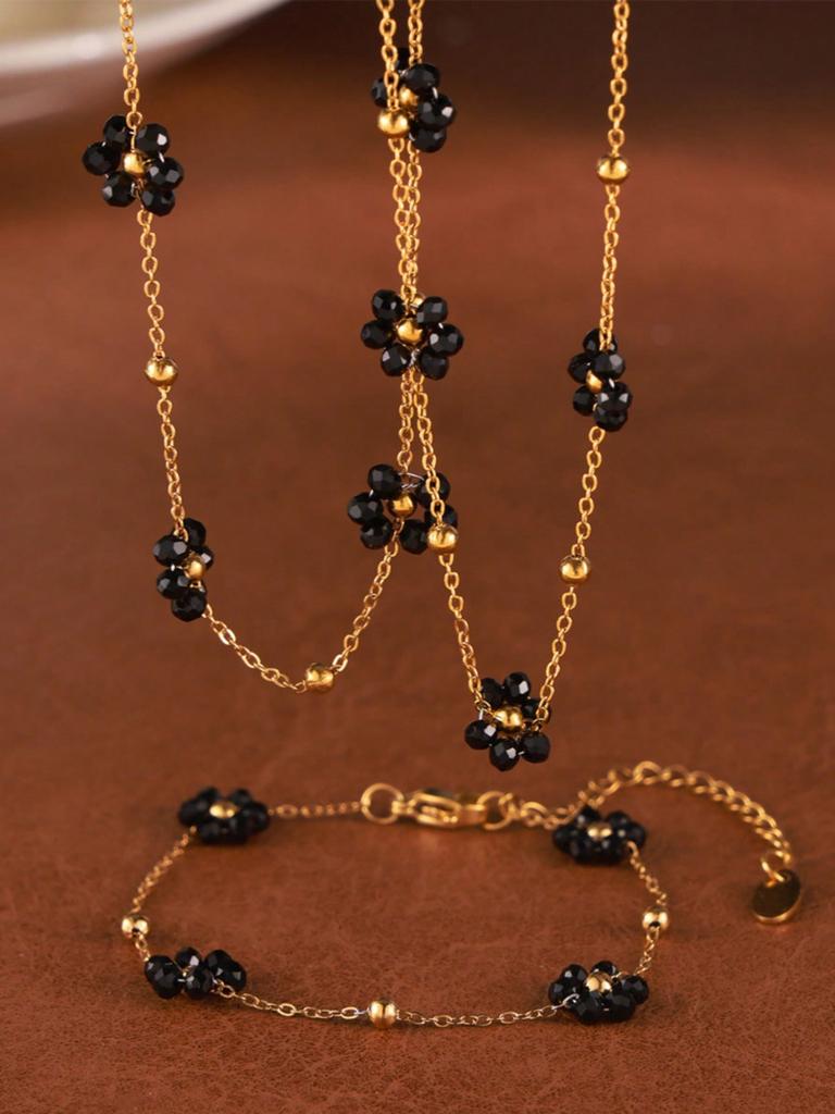 1 Set Vintage British Style Stainless Steel Zircon Set with Natural Stone Beads and Flower Decoration, Women's Zircon Gift