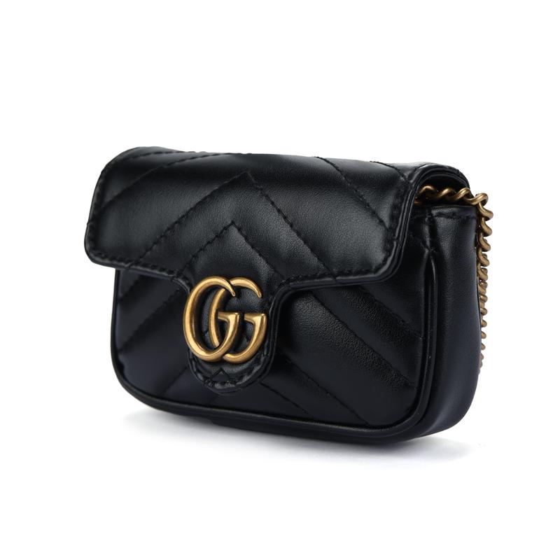 Gucci GG Marmont Distressed Gold Logo Chain Shoulder Strap Quilted Leather Coin Purse Handbag Super Mini Women's Black