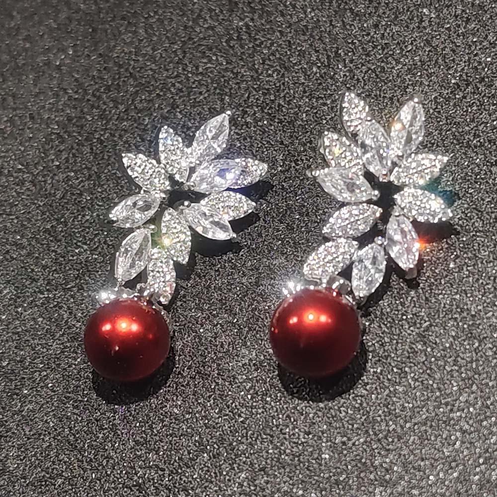Silver Flower Zirconia Pearl Dangle Earrings for Women