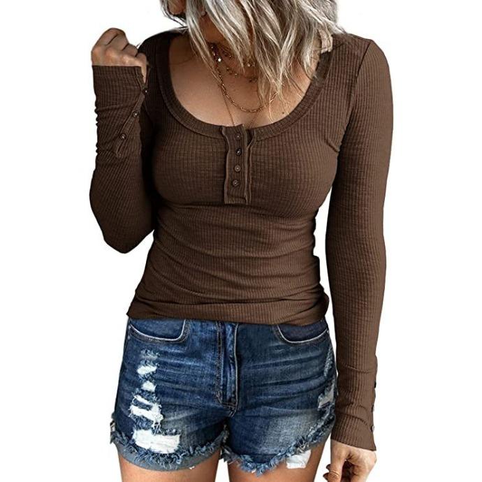 IHUASU Autumn Women's Button-down Vest Color V-neck Long Sleeve T-shirt Top