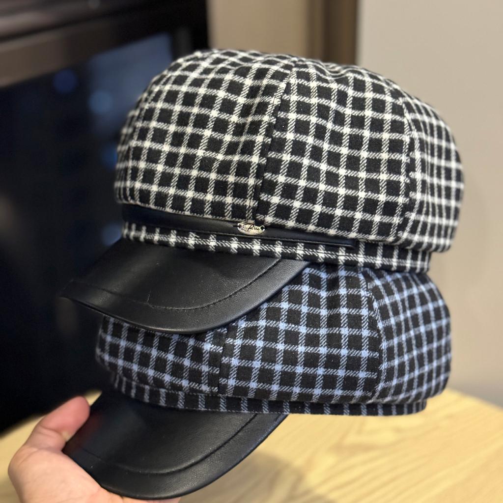 Korean Version of Retro Plaid Octagonal Hat for Women in Spring and Autumn Versatile Casual Face-showing Newsboy Hat Literary Young Painter Hat