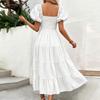 Women's Color Square Neck Backless Short Puff Sleeve Pleated Dress