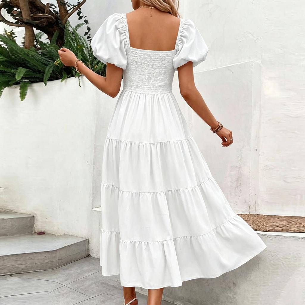 Women's Color Square Neck Backless Short Puff Sleeve Pleated Dress
