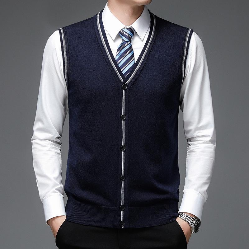 Vestă de lână cu gât în V pentru bărbați de vârstă mijlocie: Cardigan tricotat, Pulover fără mâneci din cașmir pur pentru toamnă și iarnă.