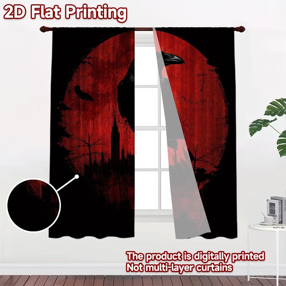 2D FLAT PRINTING 2pcs Curtains (Without Rod) Halloween Raven On Red Modern Curtains&Drapes Versatile 100% Polyester Curtains