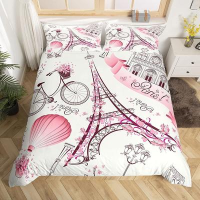Eiffelturm Bettbezug Set Romantisches Thema für Mädchen Frauen Paar Bettwäsche Set Paris Stadtbild Gedruckte Polyester Bettdeckenbezug