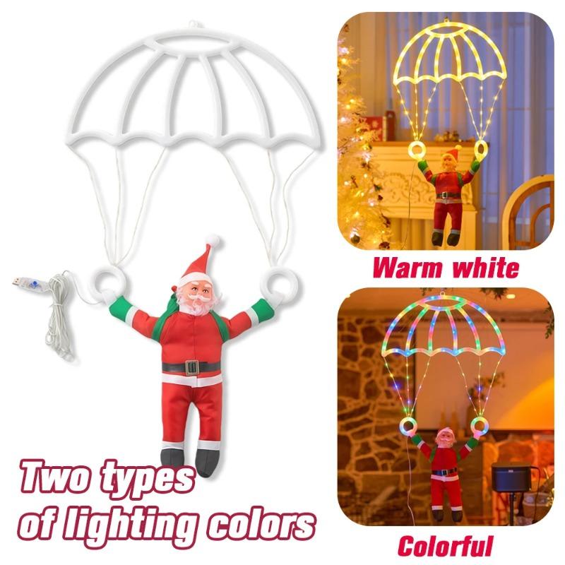 LED Christmas Parachute Light with Santa Claus Hanging Xmas Lamp for Outdoor Roof Balcony Porch Fence Tree Home Holiday Party Decor Ornaments