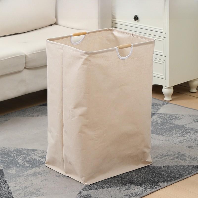 Cesto Pieghevole per Bucato in Cotone e Lino con Manici in Legno per Organizzazione e Stoccaggio in Casa