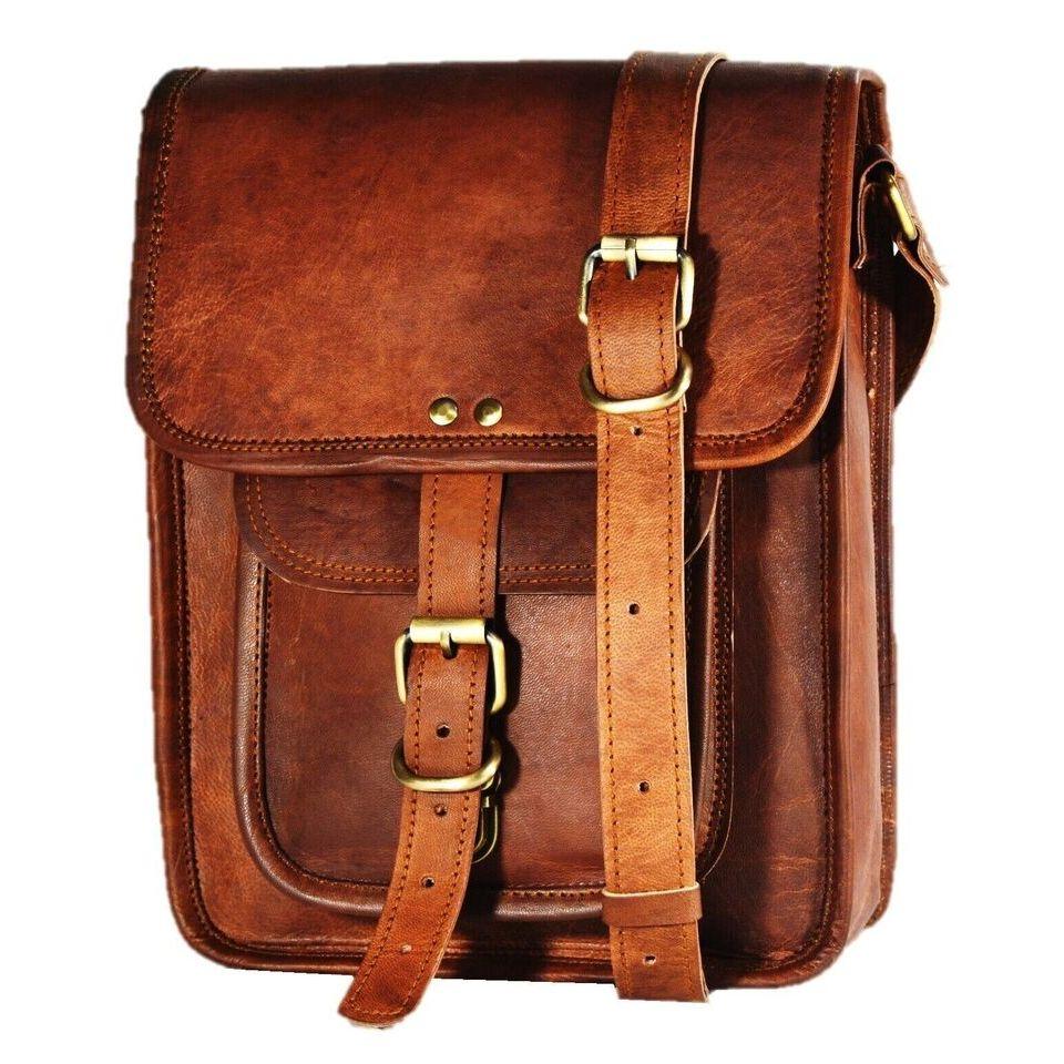 Mens Leather Messenger Crossbody Brown I-pad Bag Genuine Goat Leather Satchel