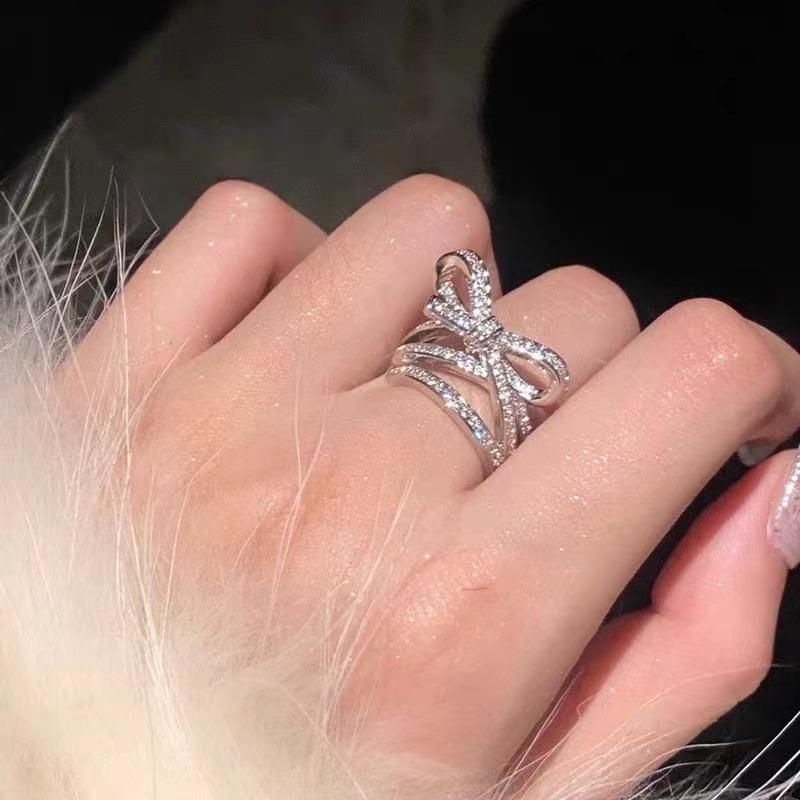 Chic Forest-Inspired Rhinestone Bow Ring for Women - Trendy, Versatile, and Bold Design Adjustable Open