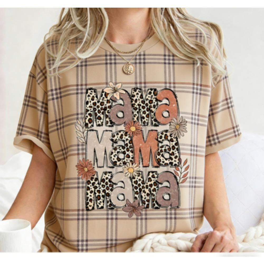 Funny Grid Stripe Leopard Mama Print Women's Short Sleeves T-Shirt Loose Casual Summer Outdoor Street Women's Tees Tops