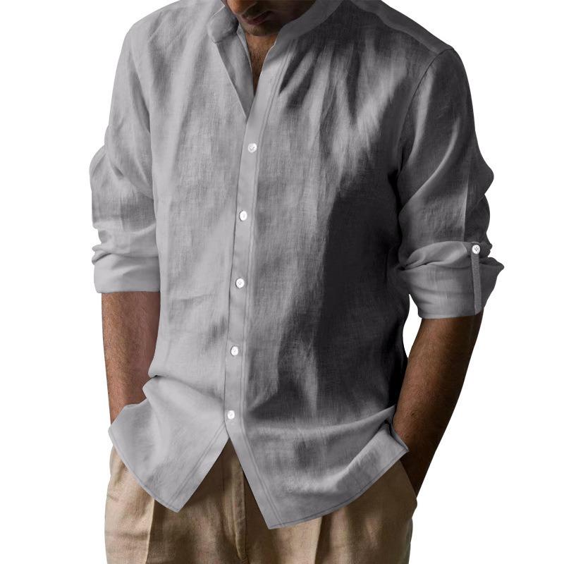 Men Solid Linen Stand Collar Casual Loose Long Sleeve Breathable Shirt