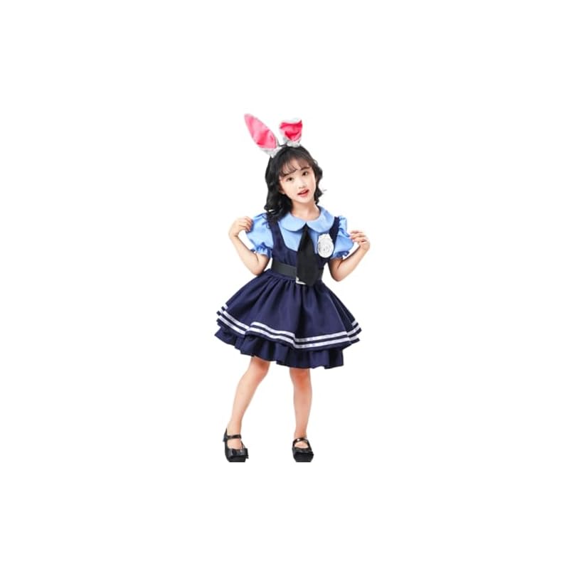 [asayurii] Girls' Rabbit and Fox Police Halloween Costume, Kids' One-Piece Dress, Anime Animal Costume, Long or Short Sleeve, Police Officer Costume,