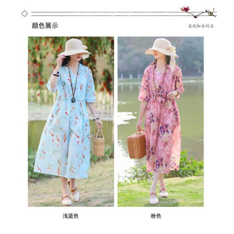 Übergröße V-Ausschnitt Langes Kleid Ethnischer Druck Schlitzärmel Lockere Taille Bindekleider