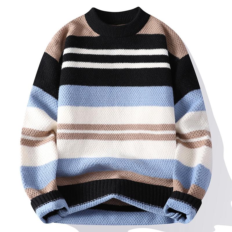 Pullover Knitted Sweater Contrast Striped Loose Sweater Men's Top