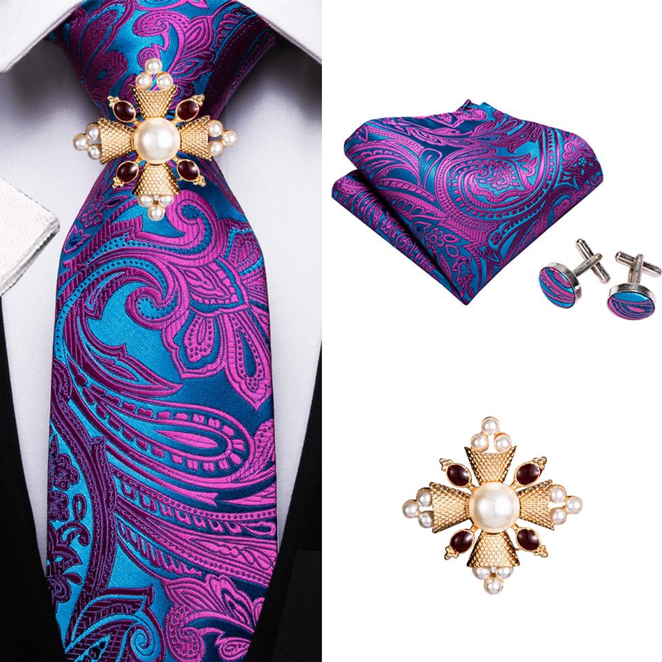 

Роскошные галстуки с жемчужной брошью для мужчин, жаккардовый шелковый галстук с узором пейсли и цветочным узором, набор запонок с нагрудным карманом N-1622