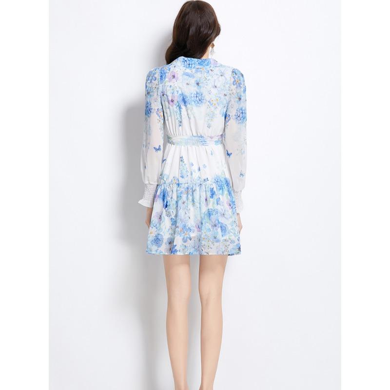 Summer Autumn Women V-neck Lantern Sleeve Print Elastic Waist Holiday Beach Mini Short Lace-up Dresses