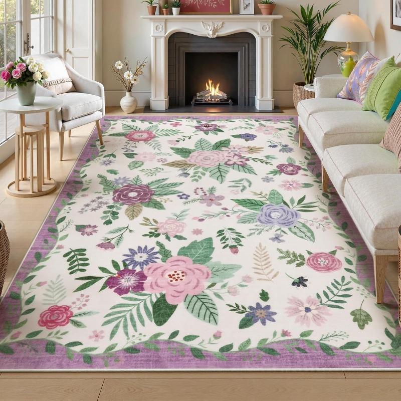 Purple Floral Living Room Carpet Washable Rugs for Bedroom Aesthetic Sofa Coffee Table Mat Modern Nursery Decoration Floor Mats