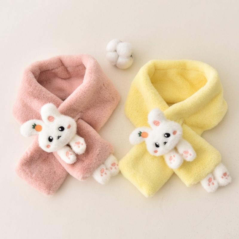 Girls Winter Warm Thicken Scarfs Cartoon Bunny Shape Faux Fur Plush Cross Collar Scarf Shawl Lovely Warm Soft Scarf
