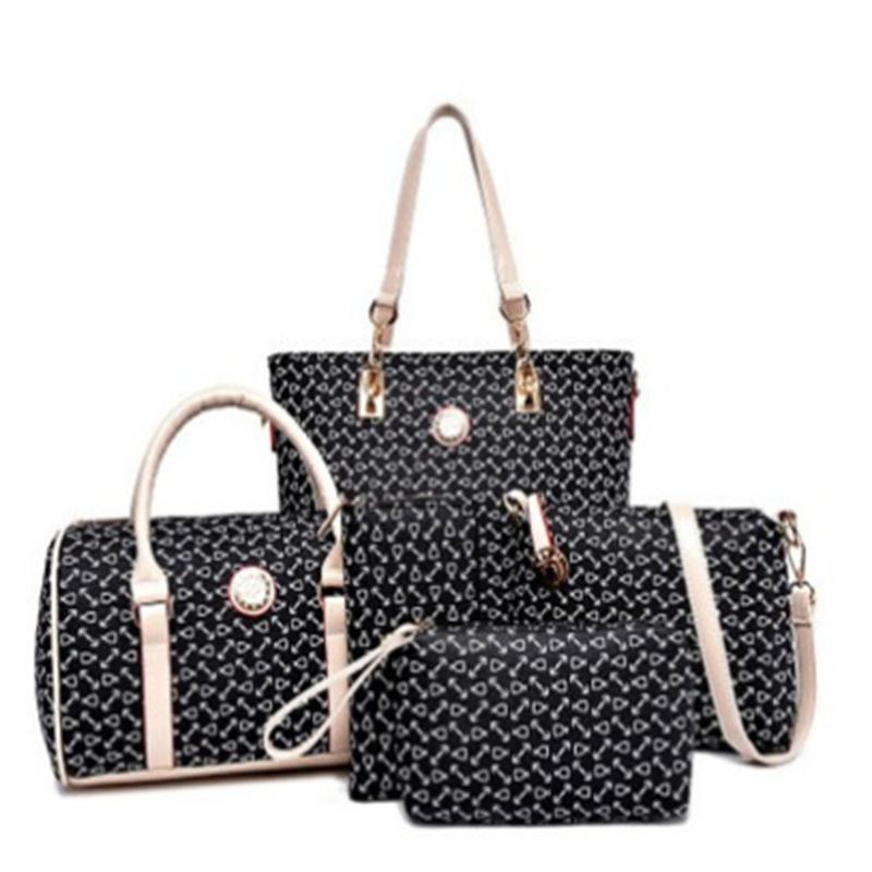 5-teilige Tasche aus PU für Damen, tragbare Handtaschen, modisches Knochenmuster, Ein-Schulter-Tasche für Mutter und Tochter 5-piece bag schwarz