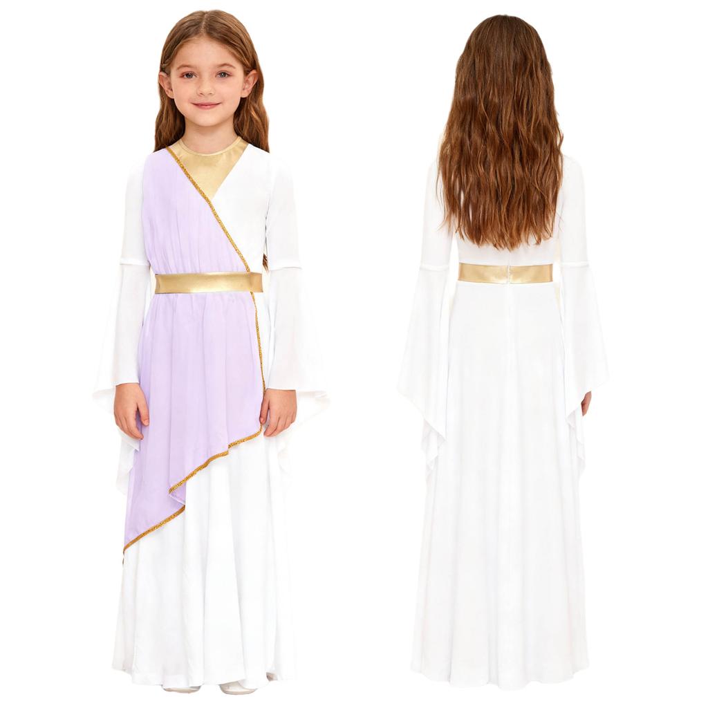 Halloween & Party Dress for Girls: Ancient Greek Princess Costume with Long Sleeves, Contrast Colors for Performance & Play