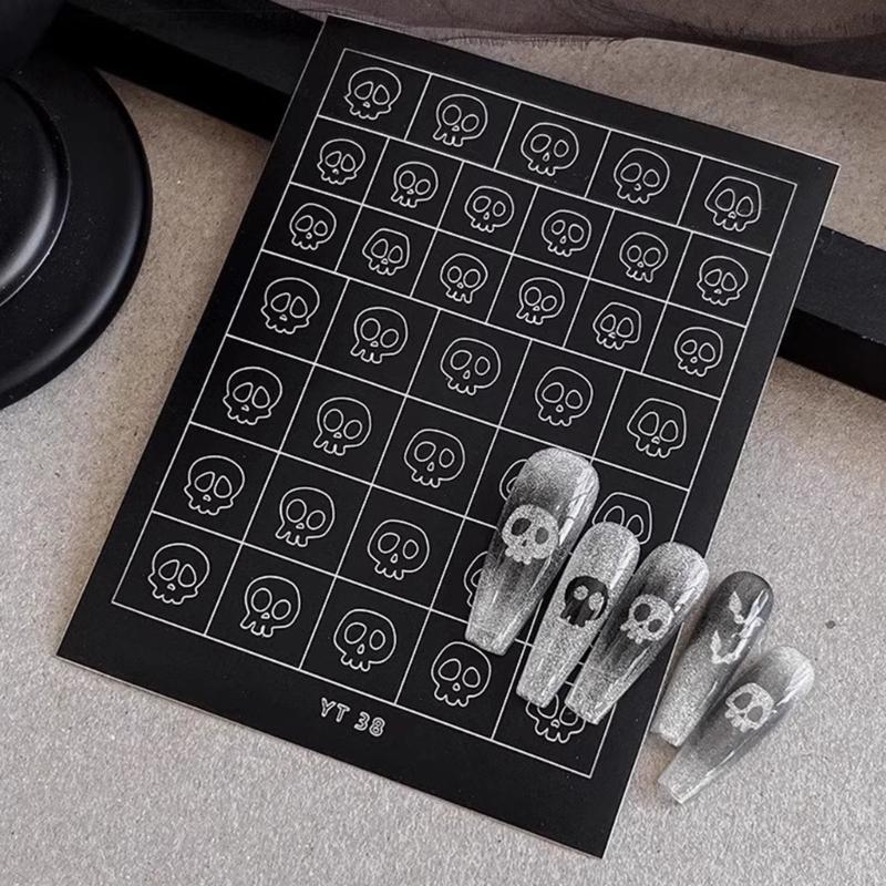 Nail Art Stickers Halloween Party Nail Designs With Spooky Skeleton Patterns Quick Apply Reusable Nail Decorations For Costume Event
