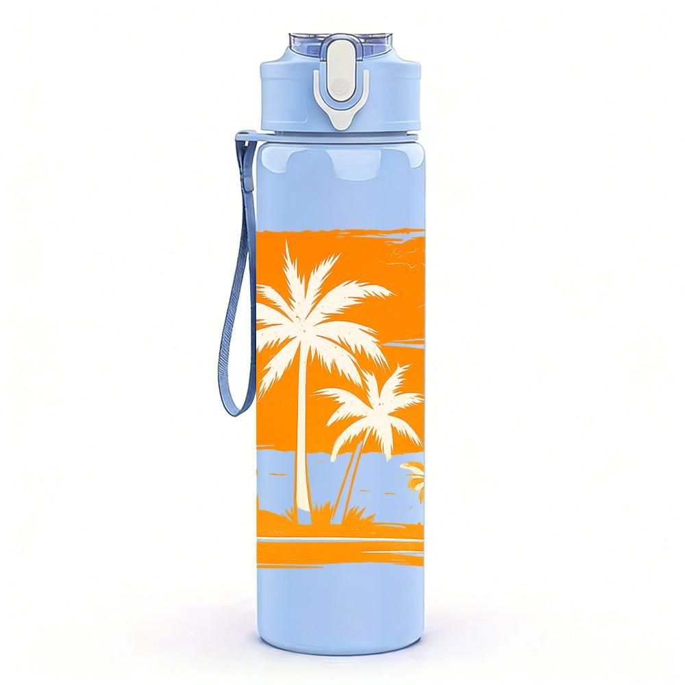 1PC Palm Tree Orange Sunset Graphic 750ml Color Plastic Sports Water Bottle Leakproof Flip Straw Lid Suitable for Sports Office Home Use