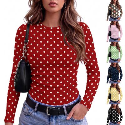 Women's Slim Fit Polka Dot Long Sleeve Round Neck T-Shirt for Casual Everyday Wear