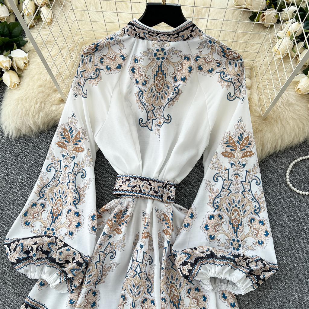 Frühling Herbst Frauen Große Größe Vintage Print Einreiher Lange Maxi Urlaub Party Kleider mit Gürtel