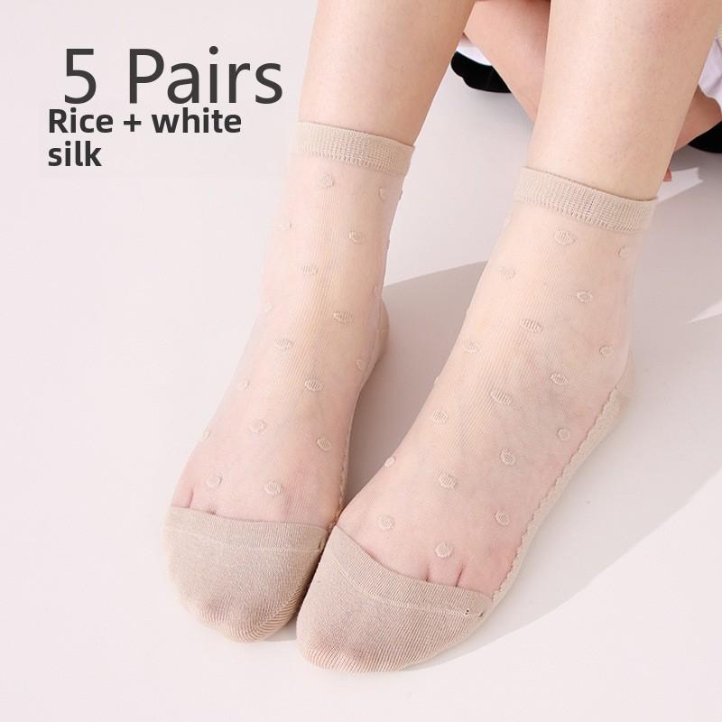 

5 пар женских носков весна/лето из прозрачного шелка в горошек, ультратонкие дышащие чулки с кристаллами 5 Pairs белый/бежевый