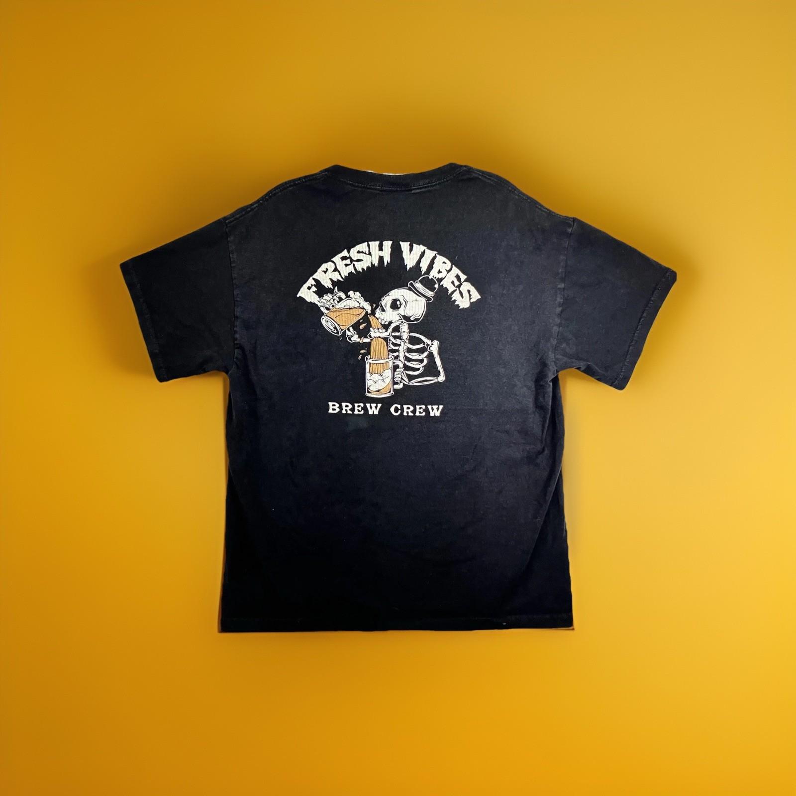 Fresh Vibes Beer T Shirt Mens Medium Faded Black Skeleton Brew Crew Double Side Unisex T-Shirt L