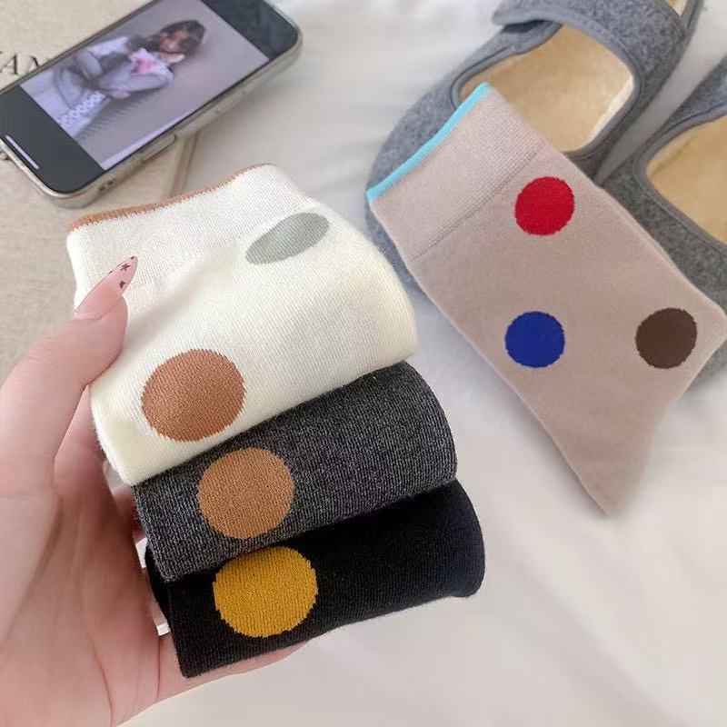 Colorful Polka Dot Color-blocked Socks for Women, Breathable and Comfortable Cotton Socks, Simple and Cute, Versatile, School Style, Pile Pile Socks